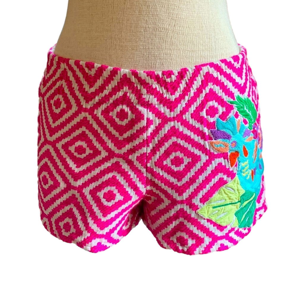 Judith March sz S pink and white embroidered elastic waist shorts with bird